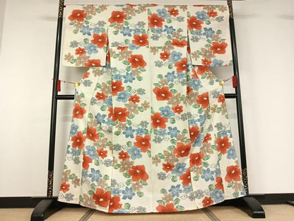 平和屋着物▽小千谷紬　単衣　草花文　正絹　逸品　AABJ1572jh
