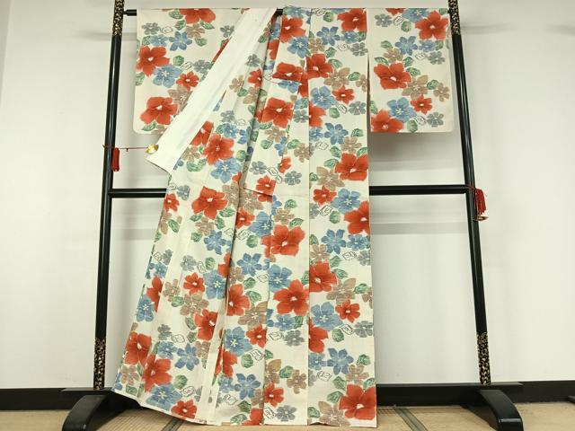 平和屋着物▽小千谷紬　単衣　草花文　正絹　逸品　AABJ1572jh