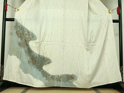平和屋着物▽訪問着　単衣　杢目絞り　刺繍　草花文　金彩　正絹　逸品　AABJ1574jh