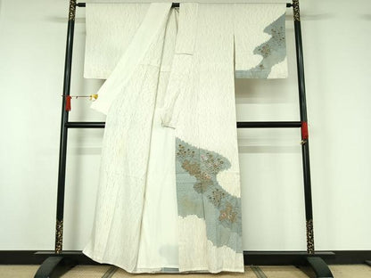 平和屋着物▽訪問着　単衣　杢目絞り　刺繍　草花文　金彩　正絹　逸品　AABJ1574jh