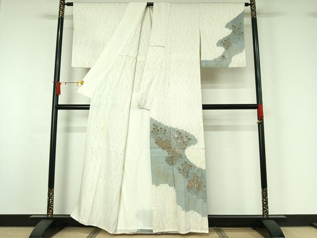 平和屋着物▽訪問着　単衣　杢目絞り　刺繍　草花文　金彩　正絹　逸品　AABJ1574jh