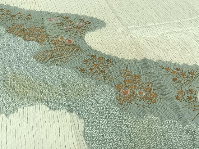 平和屋着物▽訪問着　単衣　杢目絞り　刺繍　草花文　金彩　正絹　逸品　AABJ1574jh