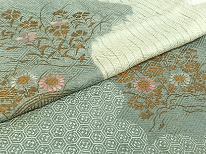 平和屋着物▽訪問着　単衣　杢目絞り　刺繍　草花文　金彩　正絹　逸品　AABJ1574jh