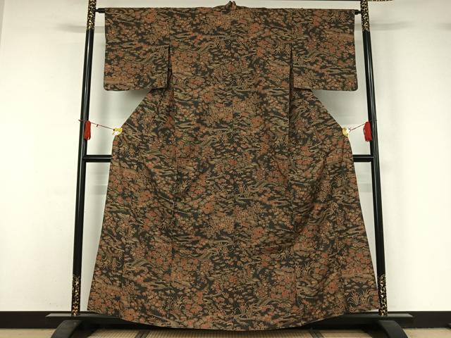 平和屋着物▽上質な小紋　単衣　紬地　風景花文　正絹　逸品　未使用　AABJ1576jh