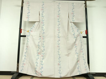 平和屋着物▽上質な紬　単衣　草花文　正絹　逸品　AABJ1582jh