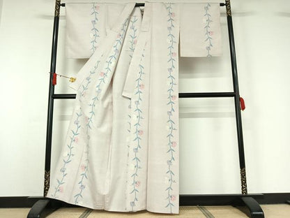 平和屋着物▽上質な紬　単衣　草花文　正絹　逸品　AABJ1582jh