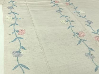 平和屋着物▽上質な紬　単衣　草花文　正絹　逸品　AABJ1582jh