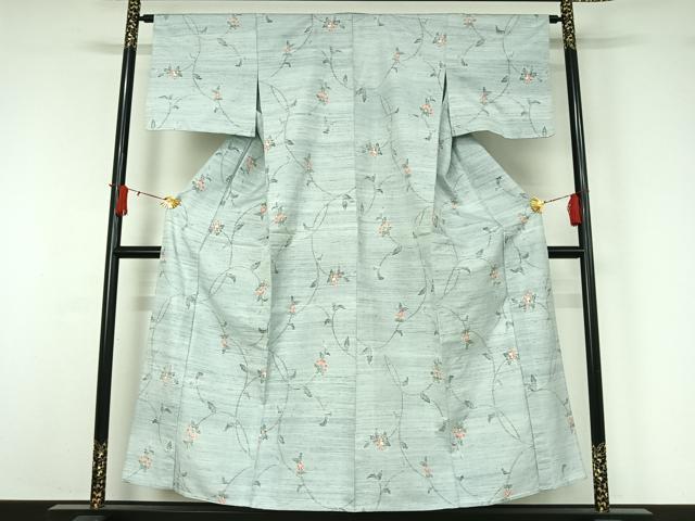 平和屋着物▽上質な紬　単衣　草花文　正絹　逸品　AABJ1586jh