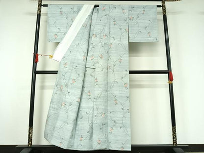 平和屋着物▽上質な紬　単衣　草花文　正絹　逸品　AABJ1586jh