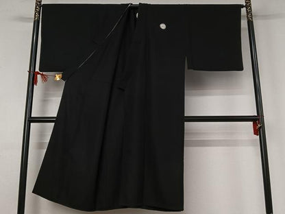 平和屋着物▽男性　黒紋付　単衣　暗黒色　正絹　逸品　AABJ1587jh