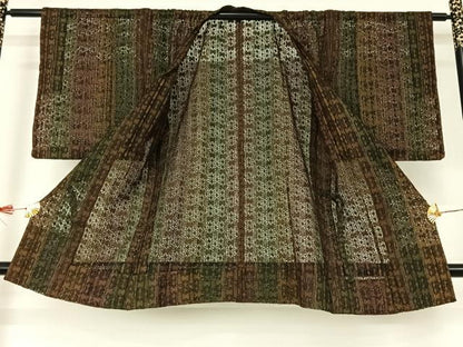 平和屋着物▽道行コート　スリーシーズン　春夏秋　塵除け　リボン織　幾何学文様　正絹　逸品　AABJ1588jh
