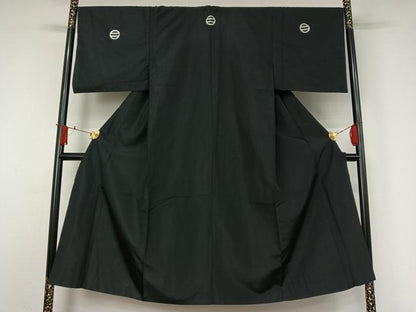 平和屋着物●男性　黒紋付　単衣　暗黒色　洗える着物　AABJ1589jh