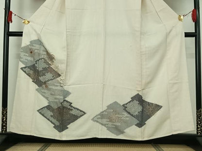 平和屋着物▽訪問着　単衣　絞り　松皮菱花文　金糸　金彩　銀通し地　正絹　逸品　AABJ1596jh