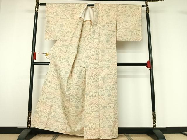 平和屋着物▽上質な紬　単衣　風景文　正絹　逸品　AABJ1599jh