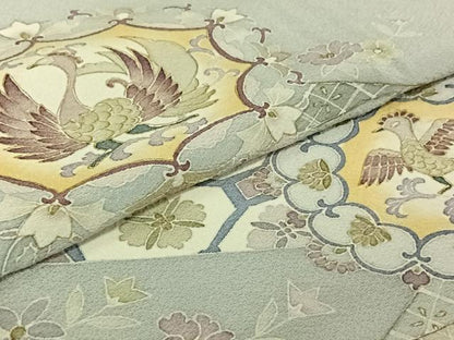 平和屋着物▽訪問着　単衣　吉祥鳳凰花文　金彩　正絹　逸品　AABJ1605jh