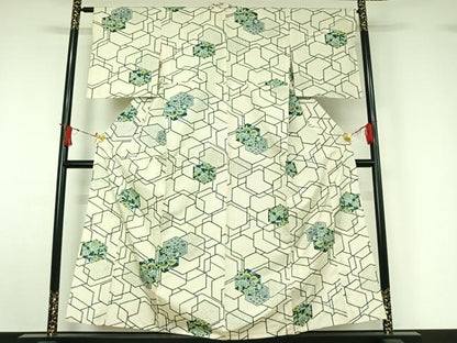 平和屋着物▽上質な紬　単衣　亀甲花文　正絹　逸品　AABJ1606jh