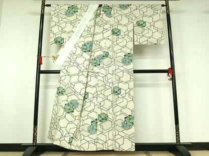 平和屋着物▽上質な紬　単衣　亀甲花文　正絹　逸品　AABJ1606jh