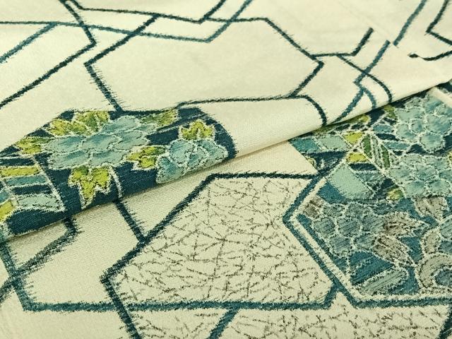 平和屋着物▽上質な紬　単衣　亀甲花文　正絹　逸品　AABJ1606jh