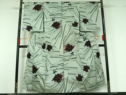 平和屋着物▽お召　単衣　草花文　銀糸　正絹　逸品　AABJ1618jh