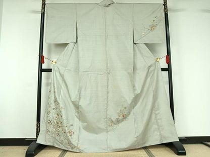 平和屋着物▽本場縞大島紬　訪問着　単衣　中国三大刺繍　汕頭刺繍　スワトウ刺繍　総刺繍　草花文　正絹　逸品　AABJ1622jh