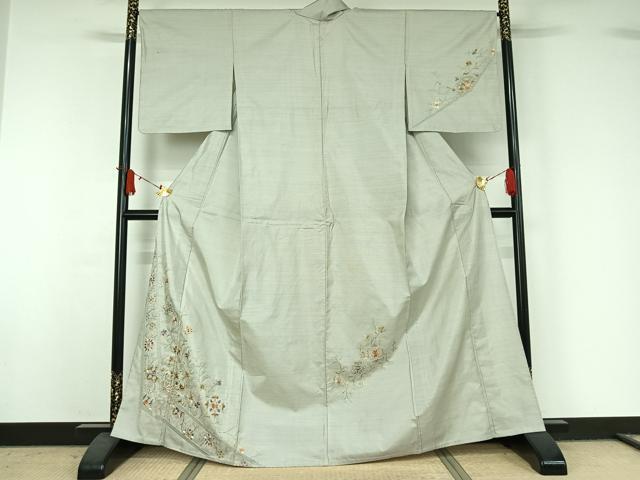 平和屋着物▽本場縞大島紬　訪問着　単衣　中国三大刺繍　汕頭刺繍　スワトウ刺繍　総刺繍　草花文　正絹　逸品　AABJ1622jh