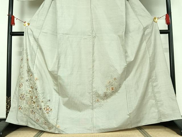 平和屋着物▽本場縞大島紬　訪問着　単衣　中国三大刺繍　汕頭刺繍　スワトウ刺繍　総刺繍　草花文　正絹　逸品　AABJ1622jh