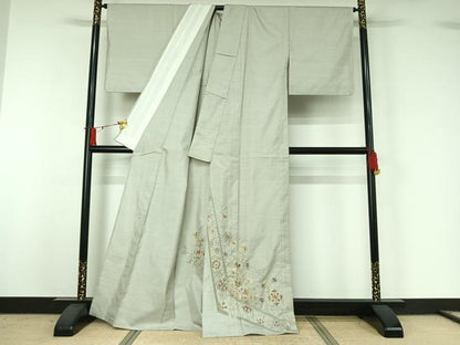 平和屋着物▽本場縞大島紬　訪問着　単衣　中国三大刺繍　汕頭刺繍　スワトウ刺繍　総刺繍　草花文　正絹　逸品　AABJ1622jh