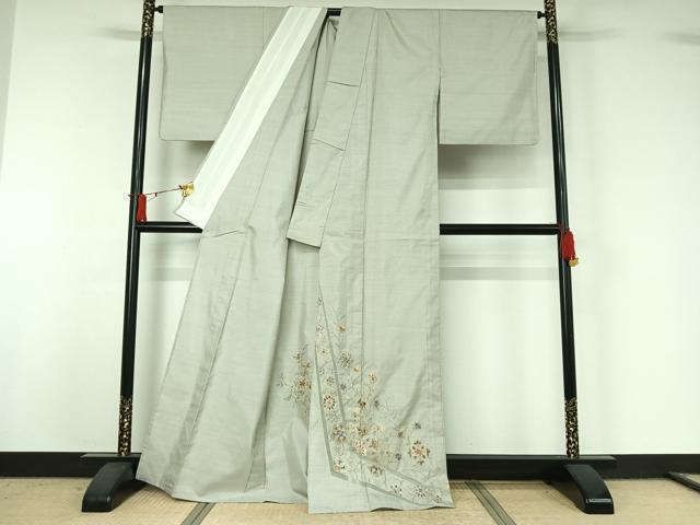 平和屋着物▽本場縞大島紬　訪問着　単衣　中国三大刺繍　汕頭刺繍　スワトウ刺繍　総刺繍　草花文　正絹　逸品　AABJ1622jh