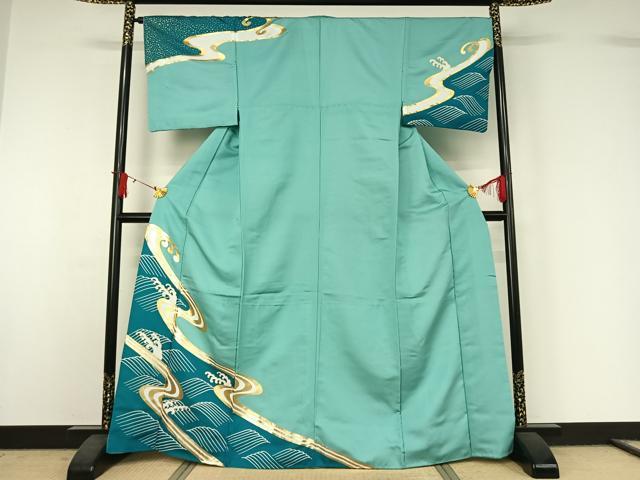 平和屋着物▽男性　訪問着　単衣　立波文　金彩　洗える着物　AABJ1626jh