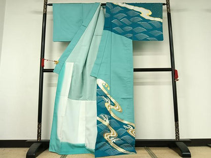 平和屋着物▽男性　訪問着　単衣　立波文　金彩　洗える着物　AABJ1626jh