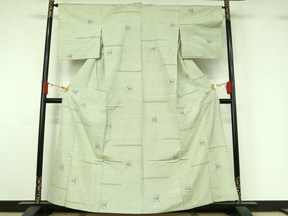 平和屋着物▽上質な紬　単衣　草花文　正絹　逸品　AABJ1628jh