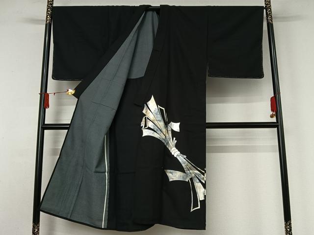 平和屋着物▽男性　訪問着　単衣　束ね熨斗文　黒地　金銀彩　洗える着物　未使用　AABJ1629jh