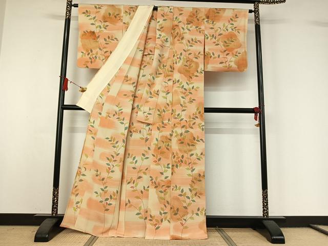 平和屋着物▽上質な小紋　単衣　草葉文　正絹　逸品　AABJ1630jh