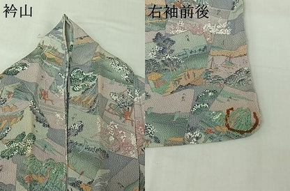 平和屋着物▽上質な小紋　単衣　人物風景文　鬼しぼ縮緬　正絹　逸品　AABJ1633jh