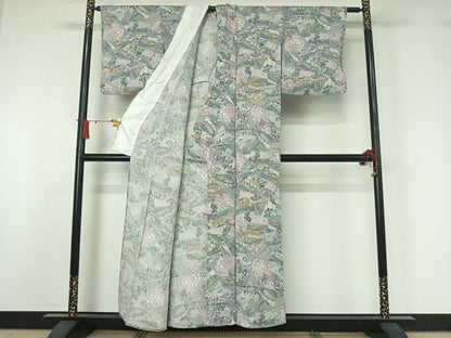 平和屋着物▽上質な小紋　単衣　人物風景文　鬼しぼ縮緬　正絹　逸品　AABJ1633jh