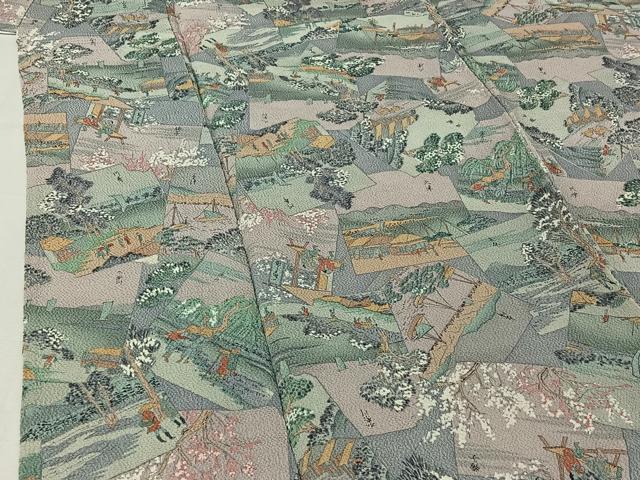 平和屋着物▽上質な小紋　単衣　人物風景文　鬼しぼ縮緬　正絹　逸品　AABJ1633jh