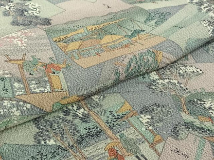 平和屋着物▽上質な小紋　単衣　人物風景文　鬼しぼ縮緬　正絹　逸品　AABJ1633jh
