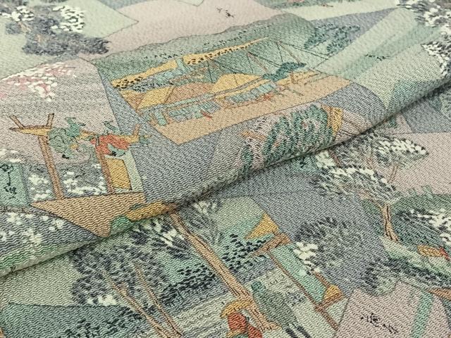 平和屋着物▽上質な小紋　単衣　人物風景文　鬼しぼ縮緬　正絹　逸品　AABJ1633jh