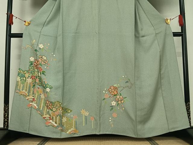 平和屋着物▽訪問着　単衣　枝花文　金銀彩　正絹　逸品　AABJ1639jh