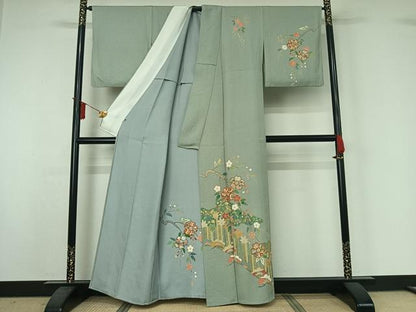 平和屋着物▽訪問着　単衣　枝花文　金銀彩　正絹　逸品　AABJ1639jh