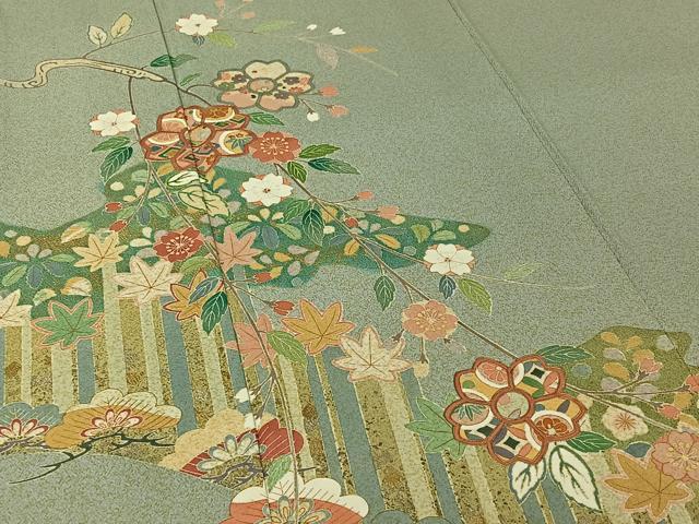 平和屋着物▽訪問着　単衣　枝花文　金銀彩　正絹　逸品　AABJ1639jh