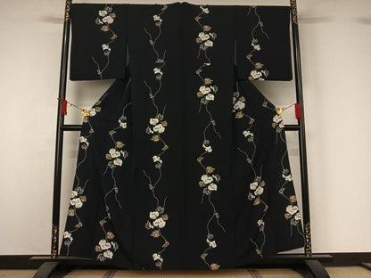 平和屋着物▽上質な小紋　単衣　草葉文　黒地　正絹　逸品　AABJ1646jh