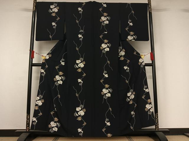平和屋着物▽上質な小紋　単衣　草葉文　黒地　正絹　逸品　AABJ1646jh