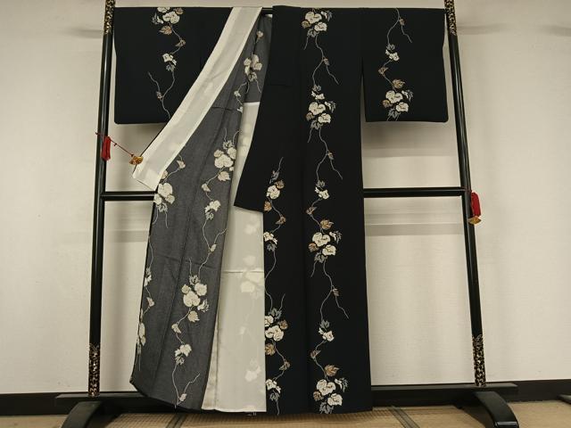 平和屋着物▽上質な小紋　単衣　草葉文　黒地　正絹　逸品　AABJ1646jh