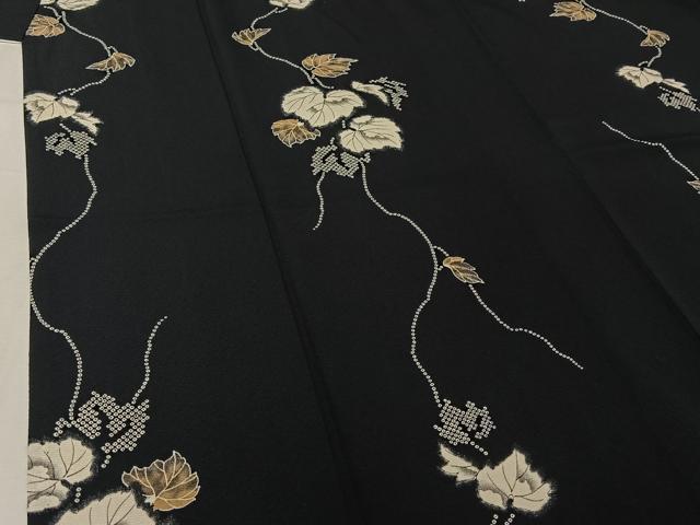 平和屋着物▽上質な小紋　単衣　草葉文　黒地　正絹　逸品　AABJ1646jh