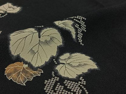 平和屋着物▽上質な小紋　単衣　草葉文　黒地　正絹　逸品　AABJ1646jh