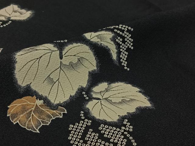 平和屋着物▽上質な小紋　単衣　草葉文　黒地　正絹　逸品　AABJ1646jh