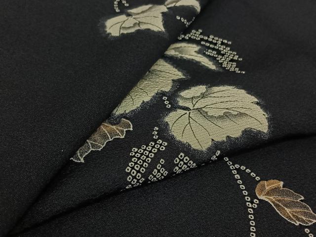 平和屋着物▽上質な小紋　単衣　草葉文　黒地　正絹　逸品　AABJ1646jh