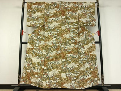 平和屋着物▽上質な小紋　単衣　手描き　吉祥花文　金彩　鬼しぼ縮緬　正絹　逸品　AABJ1658jh