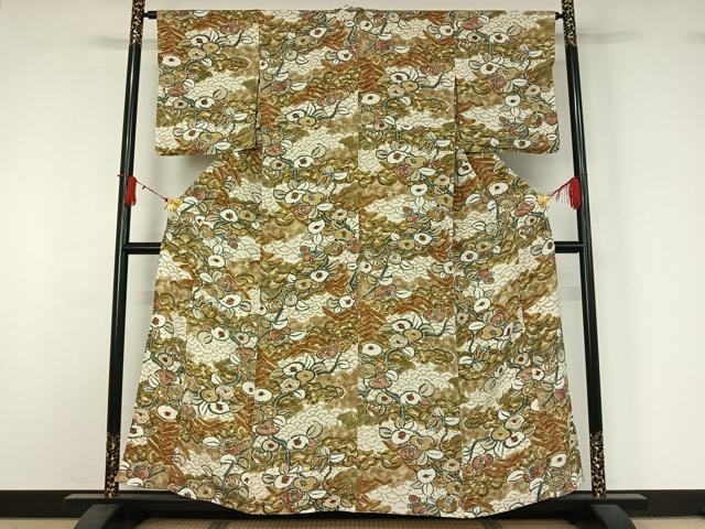 平和屋着物▽上質な小紋　単衣　手描き　吉祥花文　金彩　鬼しぼ縮緬　正絹　逸品　AABJ1658jh